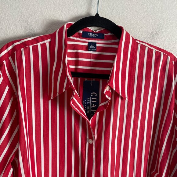 NEW Chaps Womens Plus 2X Red White Striped Button Up Shirt 2X Roll Tab Sleeve - Picture 6 of 8